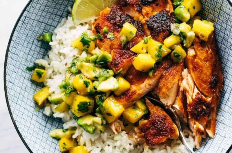 BBQ Salmon Bowls with Mango Avocado Salsa