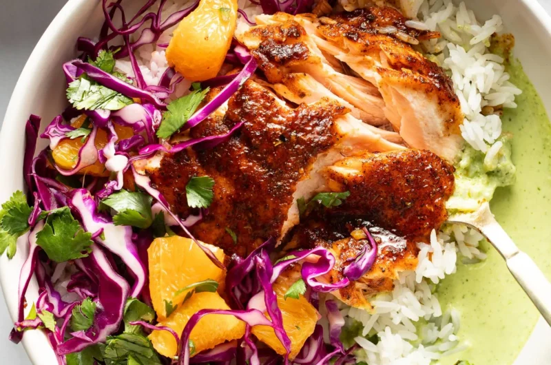 Chipotle Salmon with Orange Salsa and Aji Verde