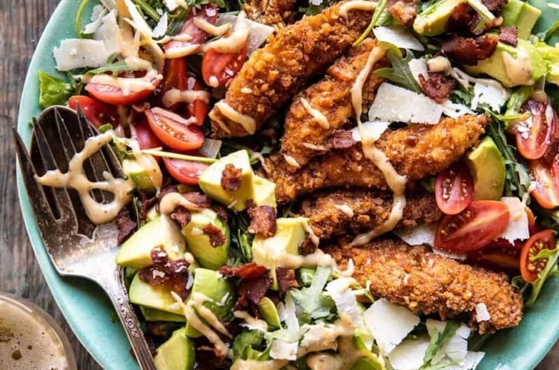 Honey Mustard Pretzel Chicken and Avocado Bacon Salad