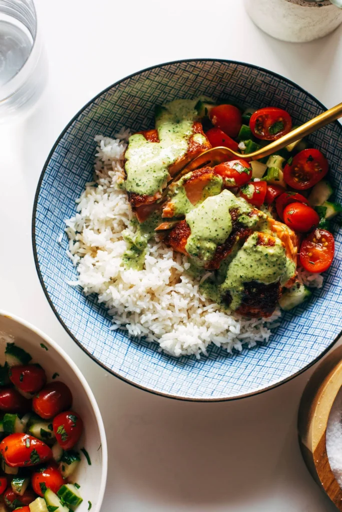 Salmon with Basil Sauce and Tomato Salad