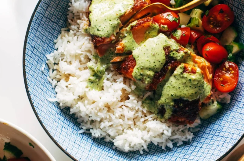 Salmon with Basil Sauce and Tomato Salad